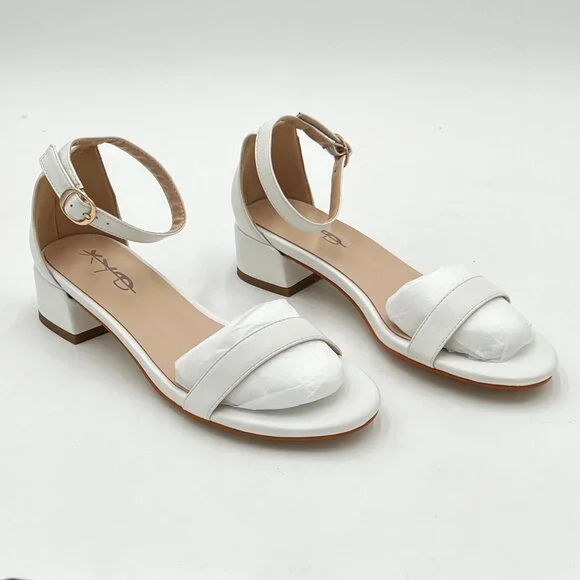 XYD White Open Toe Strappy Low Block Heel Sandal Ankle Strap Buckled Shoes - Picture 4 of 6